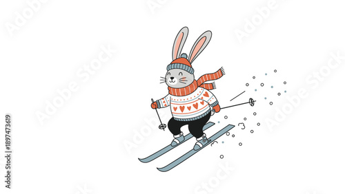 Joyful cartoon rabbit character wearing a winter sweater and scarf skiing down a snowy slope with poles and trail.