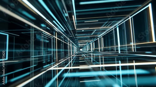 Glowing, abstract tunnel of squares and lines leads toward a distant, white light