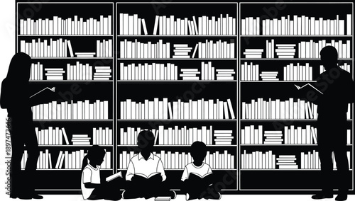 Silhouette of a family and children reading books in front of large bookshelves in a library or bookstore educational setting
