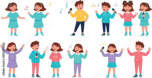 Cute children singing and dancing with microphones, happy kids music performance and joyful activity scenes, school concert and entertainment concept, colorful flat vector illustration set