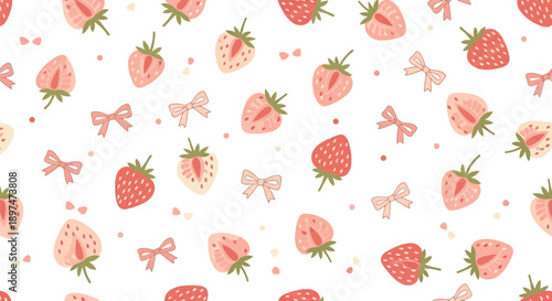 Sweet seamless pattern with pink bows, ripe strawberries, and confetti on white background, perfect for romantic and festive themes