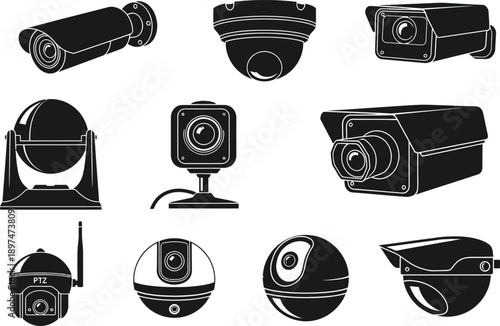 Various security cameras and surveillance devices on white background black and white illustration