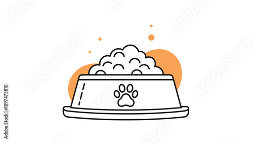 Simple line art illustration of a pet food bowl filled with kibble and a paw print symbol on an orange background.