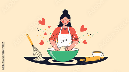 Young woman happily kneading dough in a green bowl surrounded by floating hearts and various baking utensils on a table.