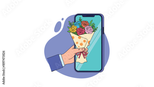 Human hand reaching out from a smartphone screen holding a colorful bouquet of flowers wrapped in paper with dots.
