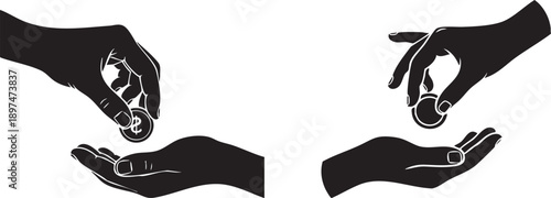 Hands Exchanging Coins: Charity, Donation, or Business Transaction, Black Silhouette on White