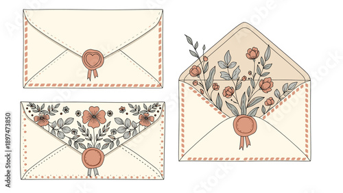 Collection of vintage style envelopes decorated with flowers, leaves, and wax seals with heart motifs on a white background.