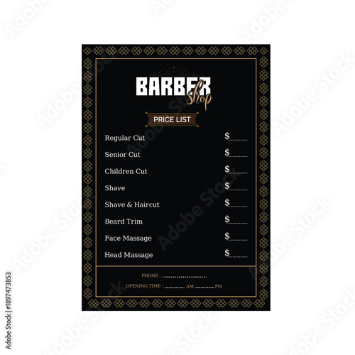 Barber shop price list. Barber shop. Hair cut menu.