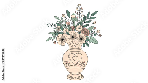 Elegant bouquet of various blooming flowers and green leaves arranged in a decorative ceramic vase with a heart design.