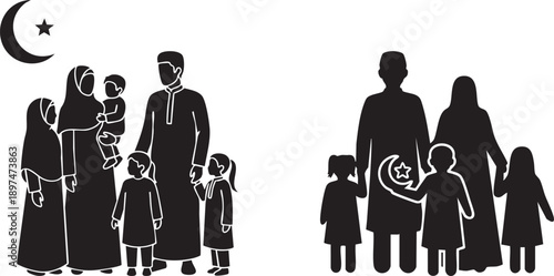 Two Silhouettes of Muslim Families with Children, One Under a Crescent Moon and Star, the Other Holding Symbol