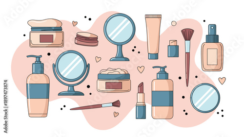 Assortment of cosmetic products including creams, lotions, mirrors, and brushes arranged on a soft pink abstract background.