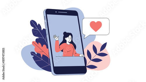 Young woman waving from a large smartphone screen with a heart message bubble against abstract leaves and shapes.
