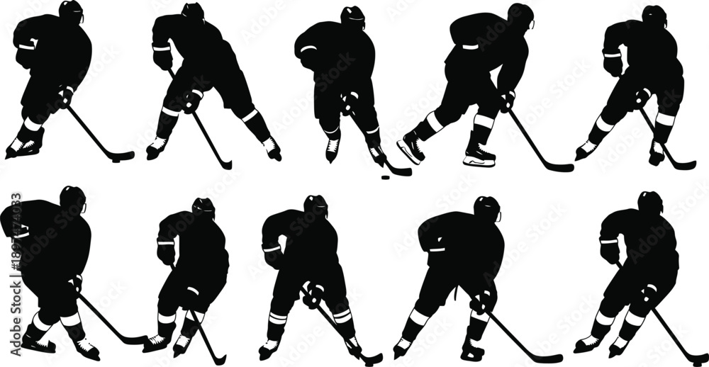 Obraz premium Black silhouettes of ice hockey players in various poses with sticks on white background for sports design