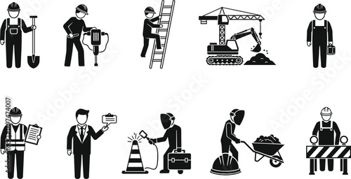 Construction workers, heavy equipment, safety gear, teamwork icons, building industry roles, engineering management, site inspector, project supervisor illustration
