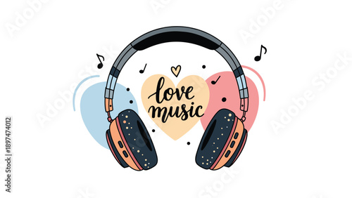 Stylish headphones with love music lettering and heart shape on a white background with abstract colorful shapes for audio lovers.