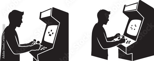 Silhouette of men playing arcade games, retro entertainment and classic video game nostalgia