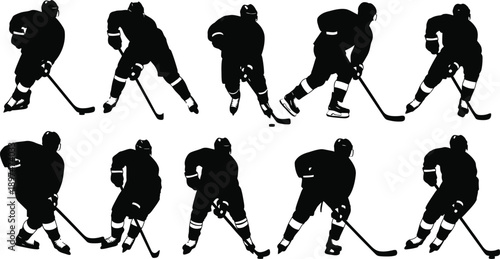 Black silhouettes of ice hockey players in various poses with sticks on white background for sports design