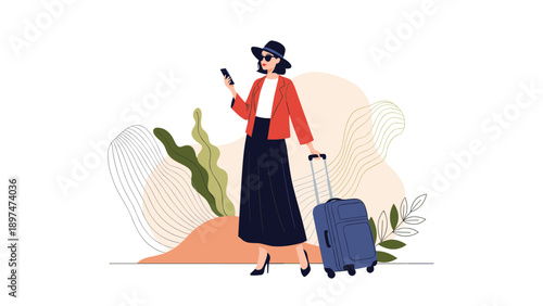 Elegant woman traveler in hat and sunglasses standing with suitcase and checking her smartphone on abstract background for travel.
