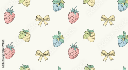 Various pastel colored strawberries and yellow bows in a repeating pattern on a light background