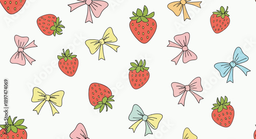 Hand drawn cartoon strawberries and bows scattered on light background seamless pattern for fabric and gift wrap
