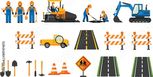 Construction workers, heavy machinery, asphalt paving, road barriers, traffic cones, tools, safety signs, roadwork illustration, infrastructure development, teamwork