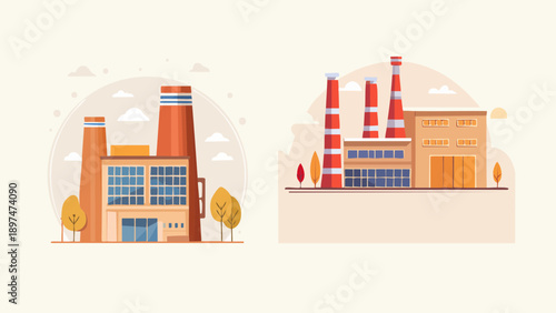 flat minimalism earthy muted vector illustration of modern factory exterior architecture