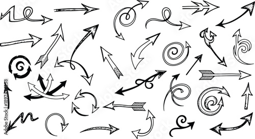 Collection of hand drawn arrows and swirling symbols on white background for design and direction concepts