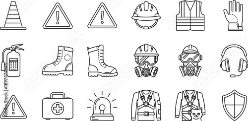 Essential workplace safety and protective equipment icons including PPE, emergency gear, warning signs, and hazard prevention symbols