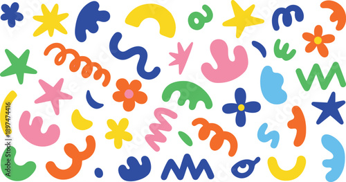 Colorful abstract shapes and symbols on white background creative design elements artistic patterns and textures