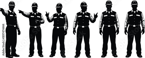 Silhouettes of construction workers in safety gear using hand signals and gestures for industrial communication and coordination