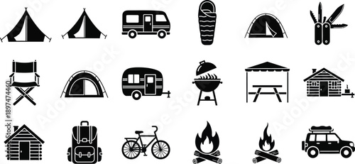 Camping and outdoor adventure icons including tents vehicles and recreational equipment for travel and leisure activities