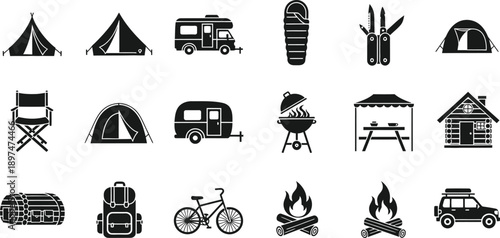 Camping icons set including tent caravan campfire outdoor gear and travel symbols for adventure and wilderness activities