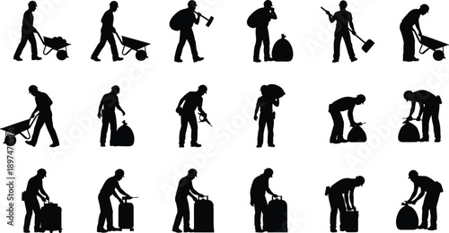 Silhouettes of construction workers performing manual labor tasks, industrial job roles, physical work postures, safety gear, hard hats