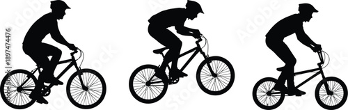 Silhouettes of cyclist performing stunts, jumping mid-air, standing pedaling, wearing helmets, showcasing dynamic biking postures and motion