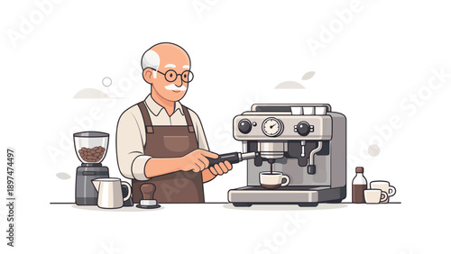 Senior barista making coffee with espresso machine, flat vector illustration