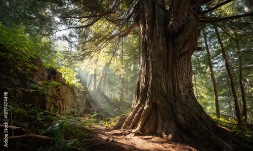A large tree with a trunk that is covered in moss