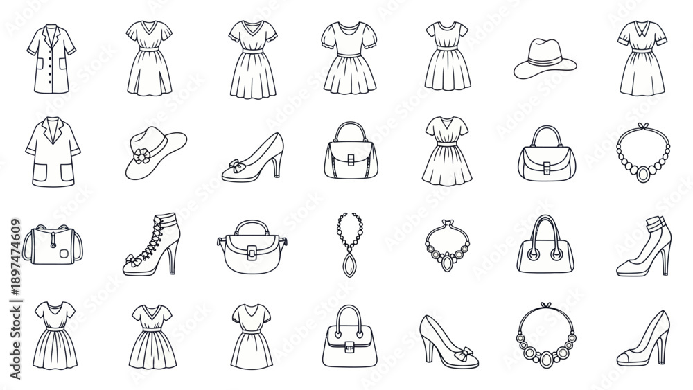 Fototapeta premium Fashion Icons: Women's Clothing, Shoes, Bags, and Accessories - Line Art
