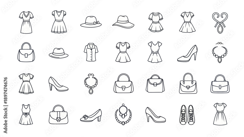 Fototapeta premium Fashionable Icons: Dresses, Hats, Shoes, and Bags - Hand-Drawn Style