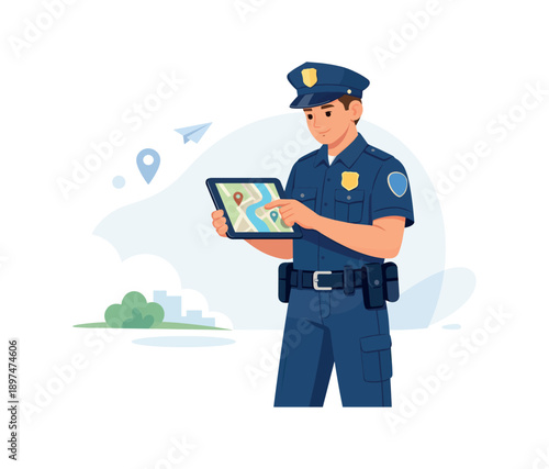 Police officer using digital map tablet, flat vector illustration