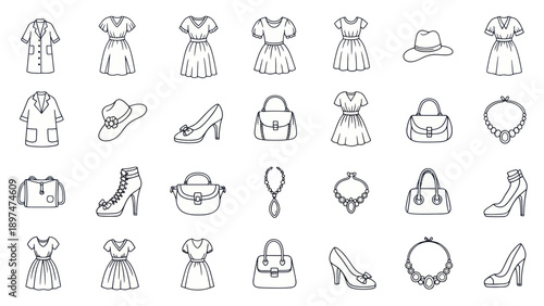 Fashion Icons: Women's Clothing, Shoes, Bags, and Accessories - Line Art