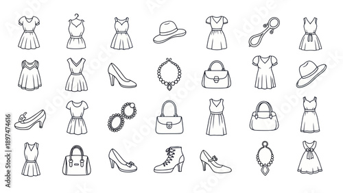 Fashion Outline Icons: Dresses, Shoes, Hats, Bags & Accessories
