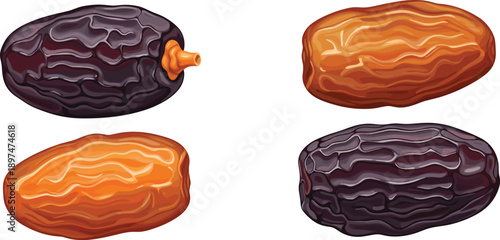 Stylized artistic illustration of dried dates with vibrant contour lines, textured surface details, and bold complementary color palette