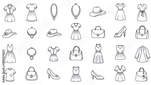 Fashionable Accessories and Clothing Hand-Drawn Icons Set: Dresses, Bags, Shoes, Hats, Jewelry