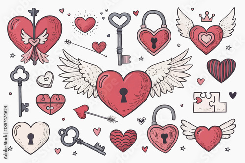 Heart series vector set cohesive pack of hearts keys locks and wings on white