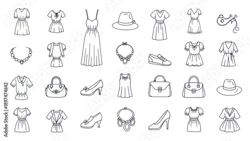 Fashionable Clothing and Accessories Collection Icons: Dresses, Hats, Bags, Jewelry, Shoes