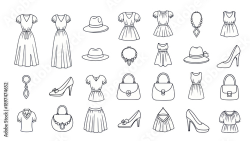 Fashionable Collection of Women's Clothing and Accessories Line Art Icons