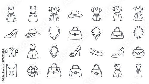 Fashionable Icons Set: Dresses, Hats, Shoes, Bags, Necklaces - Outline Collection