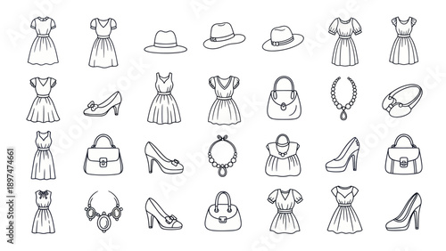 Fashionable Collection: Dresses, Hats, Shoes, Bags, Jewelry Line Art Icons Set