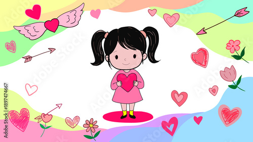 little girl with a heart of valentine