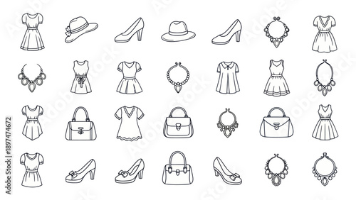 Fashionable vector icons collection: dresses, shoes, hats, and necklaces